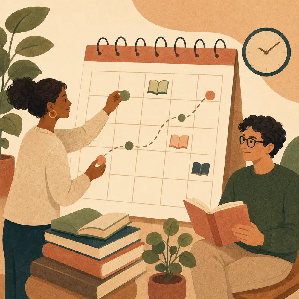 Duas pessoas montando o cronograma de leitura do clube em um calendário